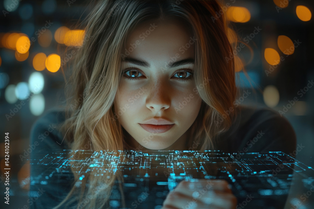 Portrait of a young woman with a thoughtful look, illuminated by soft light against a neon background. In front of her is a holographic panel with digital blue elements and glowing lines,