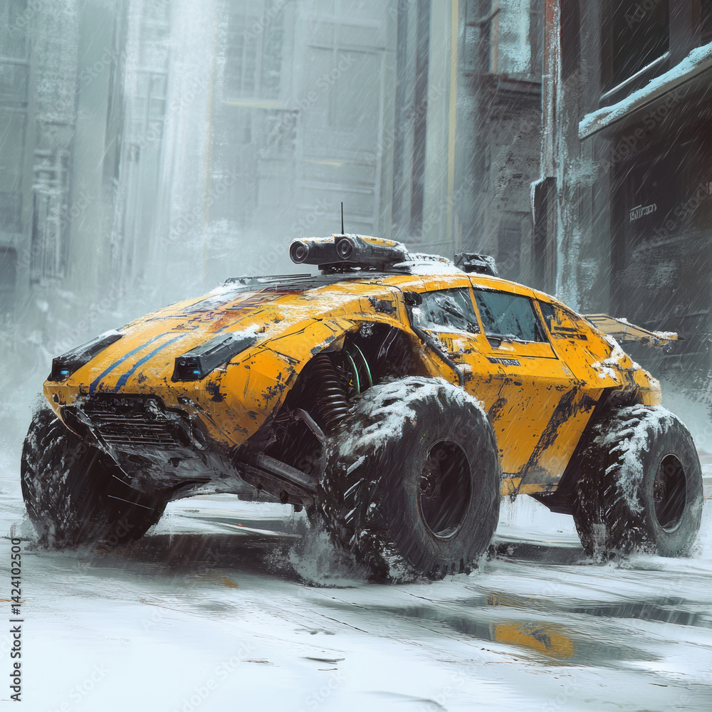 A futuristic SUV in bright yellow with massive tires stands in a snowy, post-apocalyptic cityscape.