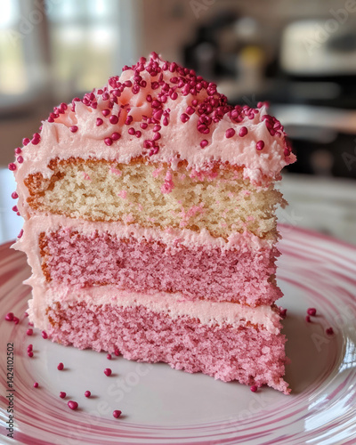 Obraz na płótnie A close-up photo of a mouth-watering slice of a three-layer cake with a pink and white sponge base. w salonie