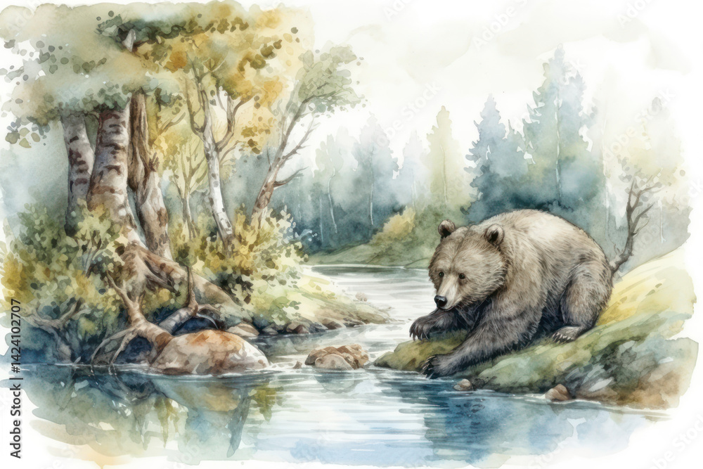 Watercolor illustration of a brown bear sitting by a river in the forest. The bear is watching the water, perhaps looking for fish.