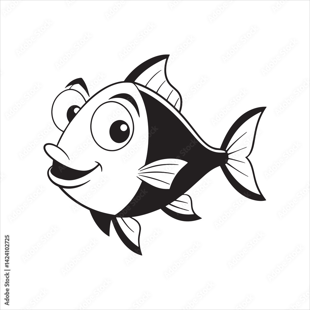 Fototapeta premium Black and White Cartoon Fish Vector – Fun Aquatic Character Line Art for Kids’ Coloring and Ocean Education