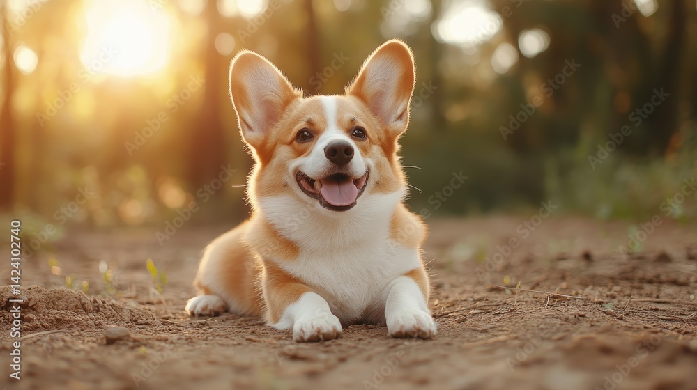 A cheerful corgi lies on a grassy surface, exuding happiness in the golden sunlight as it enjoys a serene and joyful outdoor moment in nature. A cheerful corgi lies on a grassy surface, exuding happiness in the golden sunlight as it enjoys a serene and joyful outdoor moment in nature.