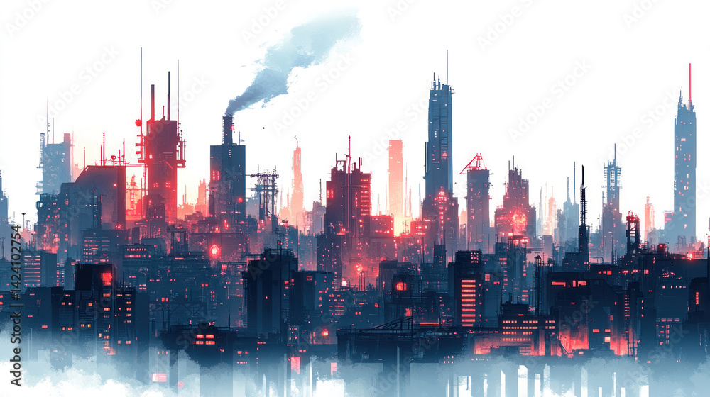 A digital illustration of a futuristic metropolis in the cyberpunk style. The city is drowning in bright red neon lights, smoking factory chimneys and dense architecture of high-rise buildings