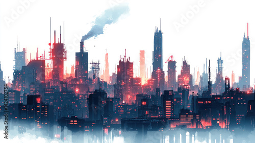 Obraz na płótnie A digital illustration of a futuristic metropolis in the cyberpunk style. The city is drowning in bright red neon lights, smoking factory chimneys and dense architecture of high-rise buildings w salonie