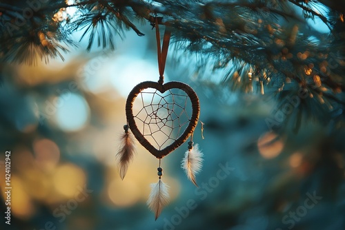 A heart-shaped dreamcatcher hanging from a tree branch, softly swaying in the breeze