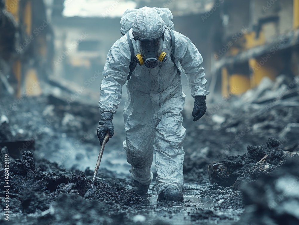 Worker in protective gear examines debris in a desolate, industrial site post-disaster Worker in protective gear examines debris in a desolate, industrial site post-disaster
