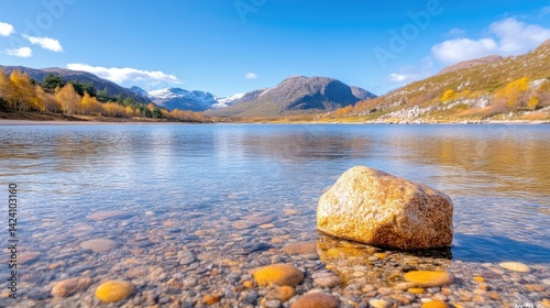 Single Rock Lake Shore Autumnal Vibrant High-resolution Wide Angle Shallow Water Calm Scene Mountainous Background Warm Golden Hues Tourism Brochure