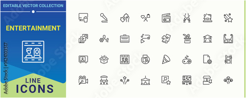 Entertainment icon set. Included event, fun, entertain, birthday and more. Enjoy icon set. Minimalist icons collection. Editable stroke.