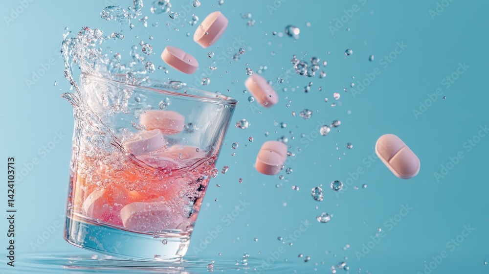 An exciting moment captured as pills are dropped into a vibrant drink, creating a dynamic splash effect with bright colors, conveying vitality and health-related themes.