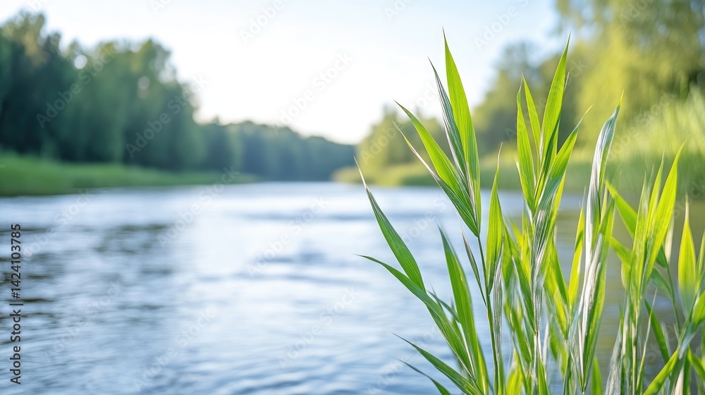 Obraz premium Lush green reeds by a calm river, serene summer landscape