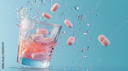 Obraz na płótnie An exciting moment captured as pills are dropped into a vibrant drink, creating a dynamic splash effect with bright colors, conveying vitality and health-related themes. w salonie