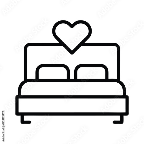 Bed with Heart Icon, Bedroom Furniture, Double Pillows, Romance Symbol Transparent