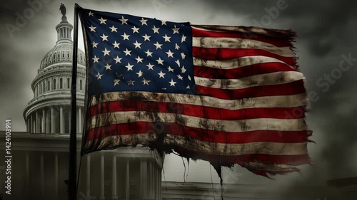 Tattered and dirty american flag waving in the wind in front of the United States Capitol photo