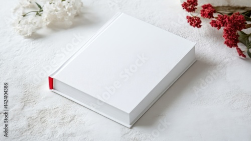Blank white book resting on a white surface, accented with flowers