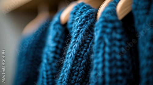 Blue knit sweaters hung on wood