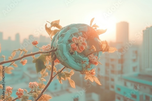 Pastel-toned confection on a branch, urban sunrise backdrop