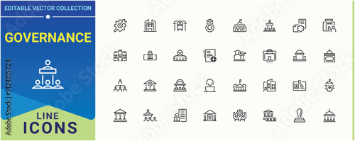 Governance modern icon set. Contain linear sign politics, democracy, foreign affairs, national, diplomacy and more. Government icon. Minimal thin line web icons set. Pixel perfect. Editable vector.
