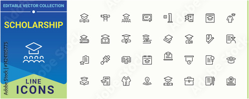 Scholarship icon set. Contains outline symbols like university, bachelor, degree, learn, knowledge, graduate and more. Graduation icon set. Modern icons collection. Editable vector.