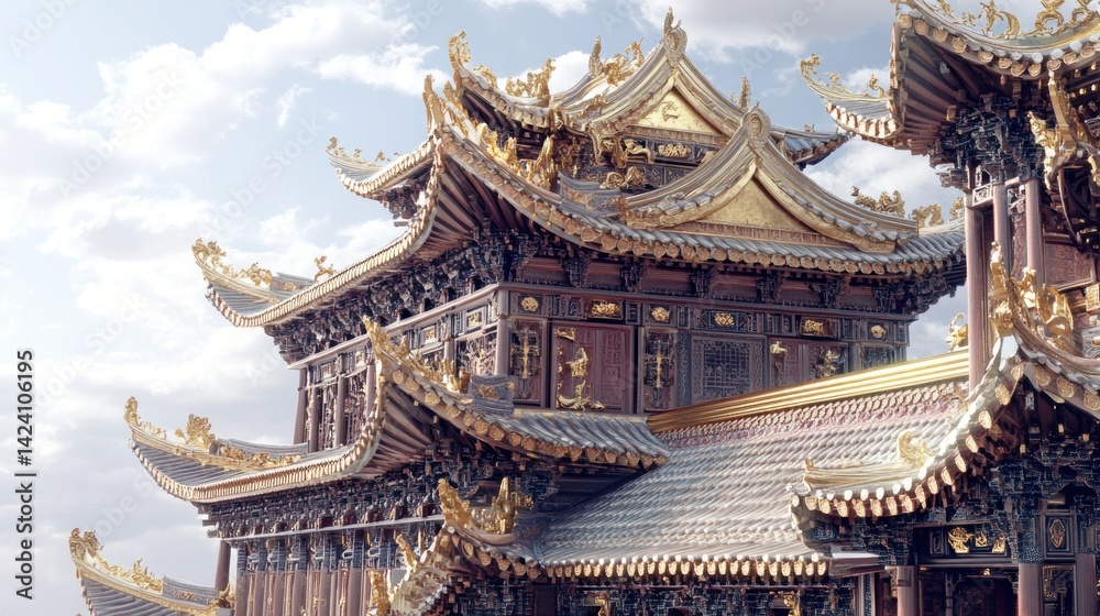 Naklejka premium Detailed view of ornate Chinese architecture. Complex roof structures and intricate carvings