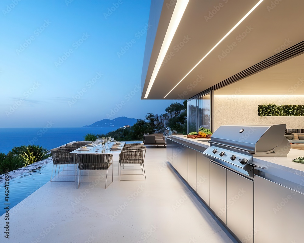 Fototapeta premium Stainless steel rooftop kitchen with frameless infinity grill, glass dining table, and sculptural outdoor lighting