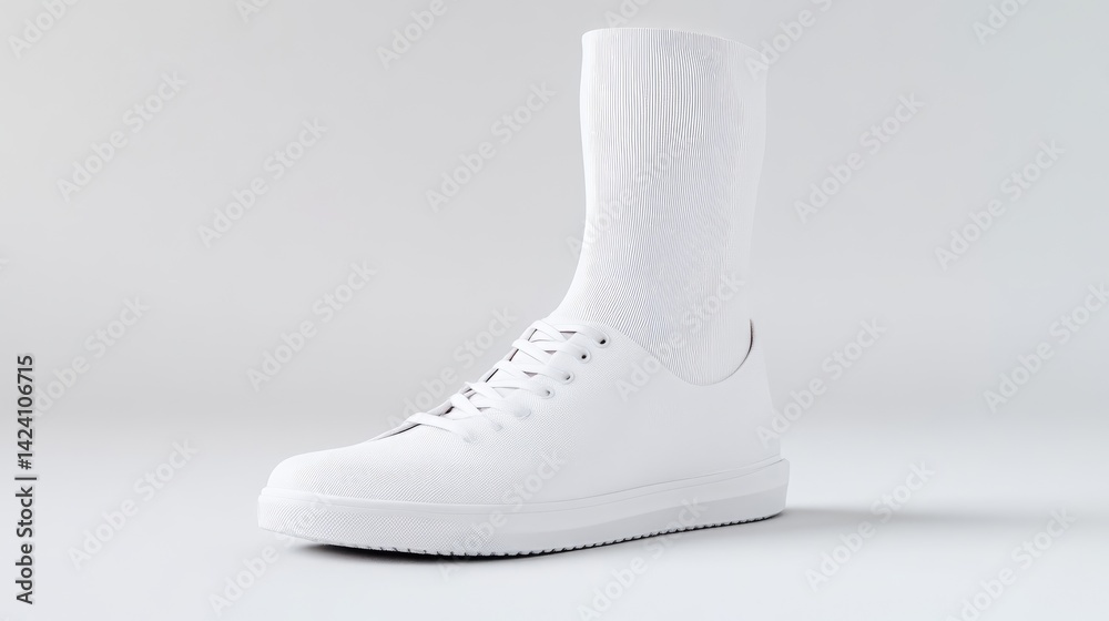 White Sock Sneaker Minimalist Design Studio Lighting Three-quarter view Smooth texture Casual wear Neutral background Pure white tones Perfect for fashion websites White Sock Sneaker Minimalist Design Studio Lighting Three-quarter view Smooth texture Casual wear Neutral background Pure white tones Perfect for fashion websites