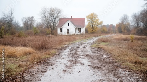 A weathered white farmhouse sits alone on a muddy country road, surrounded by autumnal fields.