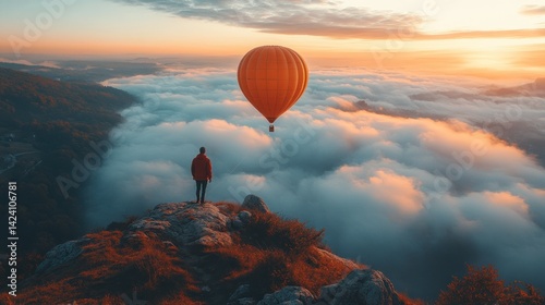 Man on mountaintop watching hot air balloon above clouds at sunrise.