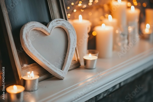 A heart-shaped picture frame resting on a mantelpiece, surrounded by candles