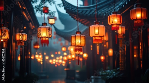Wallpaper Mural Misty Chinese Alleyway with Lanterns Torontodigital.ca
