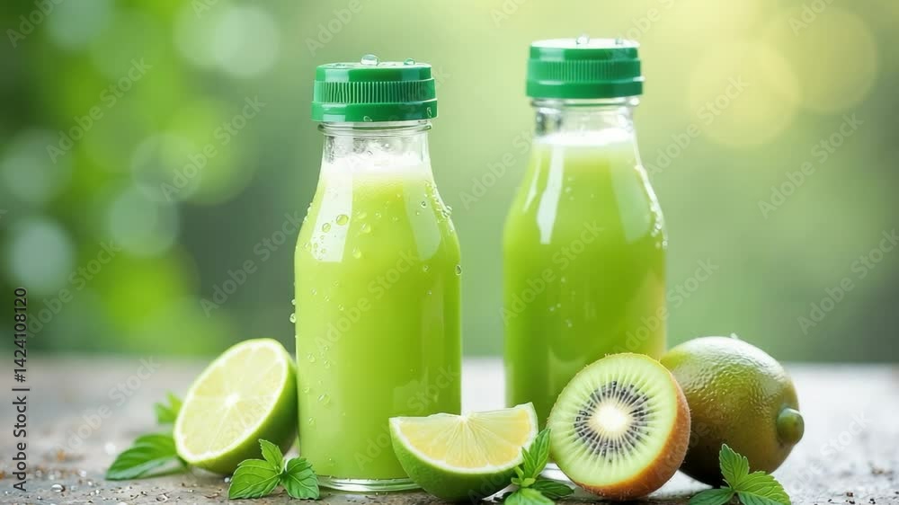 Bottles of green smoothie with kiwi and lime under summer rain, fresh organic detox drink for healthy lifestyle and immune support. 4K, motion