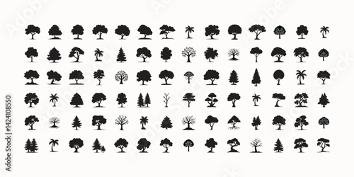 Massive collection of tree and plant silhouette icons in various types and styles, perfect for nature, forest, and landscaping themes