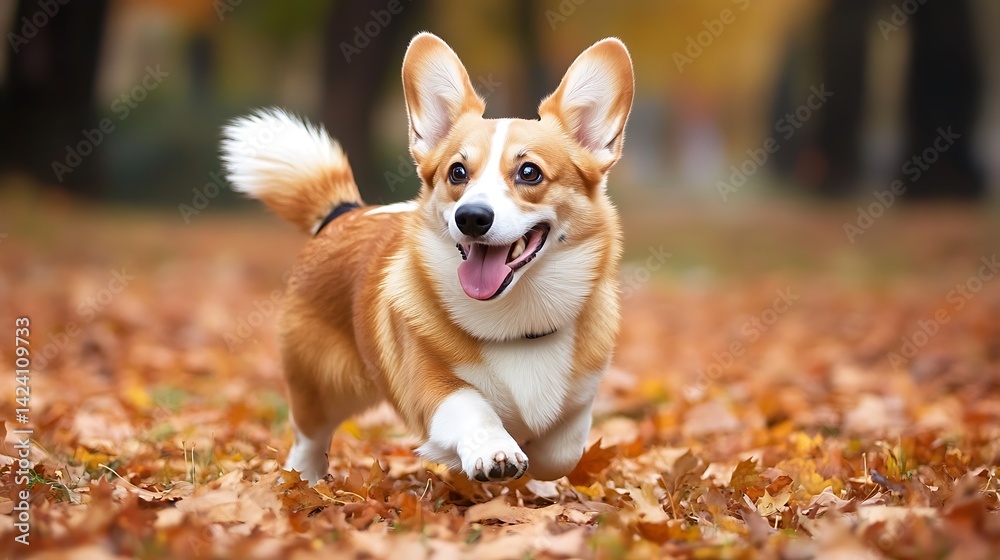 Corgi running happily through autumn leaves Wagging Corgi running happily through autumn leaves Wagging
