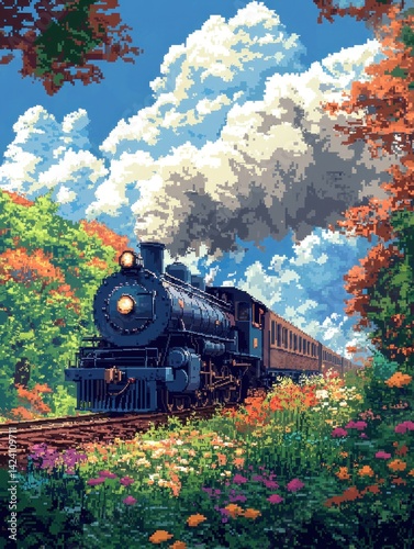 Vintage locomotive amidst pixelated autumn foliage in scenic wonderland