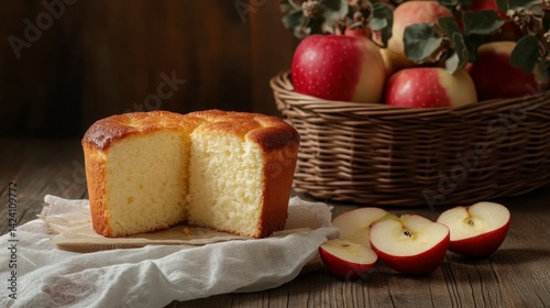 Fresh red apples in basket next to sliced sponge cake, cozy kitchen scene