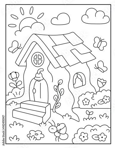 Fairy house coloring page for kids