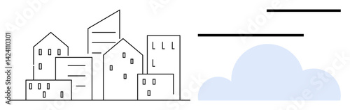 Cluster of geometric buildings paired with a soft cloud and sleek abstract lines. Ideal for urban development, community planning, weather forecast, sustainability, design thinking, modernization