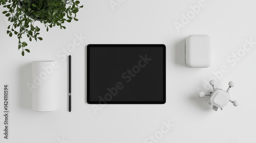 Minimalist workspace featuring a tablet, stylus, plant, and small accessories on a white desk.