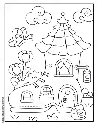 Fairy house coloring page for kids