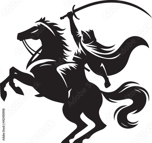 Silhouette of Medieval Warrior on Horse with Sword – Vector Art