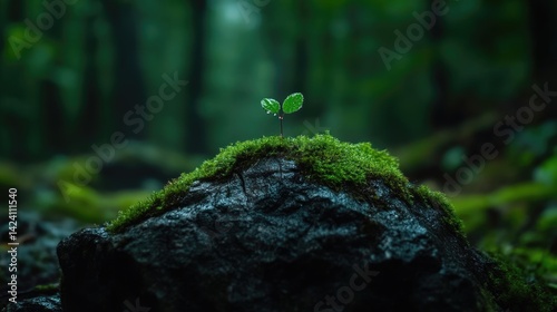 A tiny sprout emerges from a moss-covered rock in a verdant forest.
