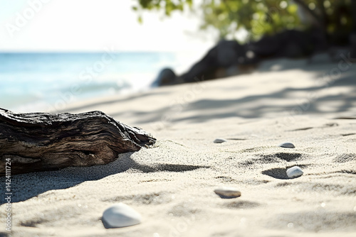 Tranquil beach scene with driftwood and seascape.