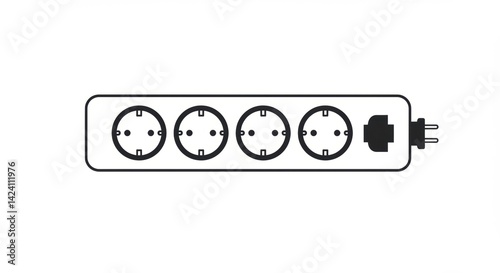 Four-outlet power strip, outlined, white background, minimalist illustration, electrical extension.