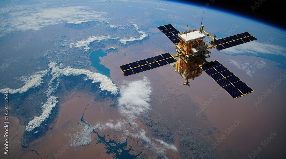 Fototapeta premium A satellite orbits Earth, showcasing a view of land and water below, framed by a vast expanse of space.