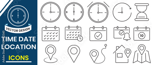 Time, date and location editable stroke outline icons set design. Location, Calendar, Containing hourglass, pin, stopwatch, Clock vector, silhouette design for app, logo, website. Vector illustration.