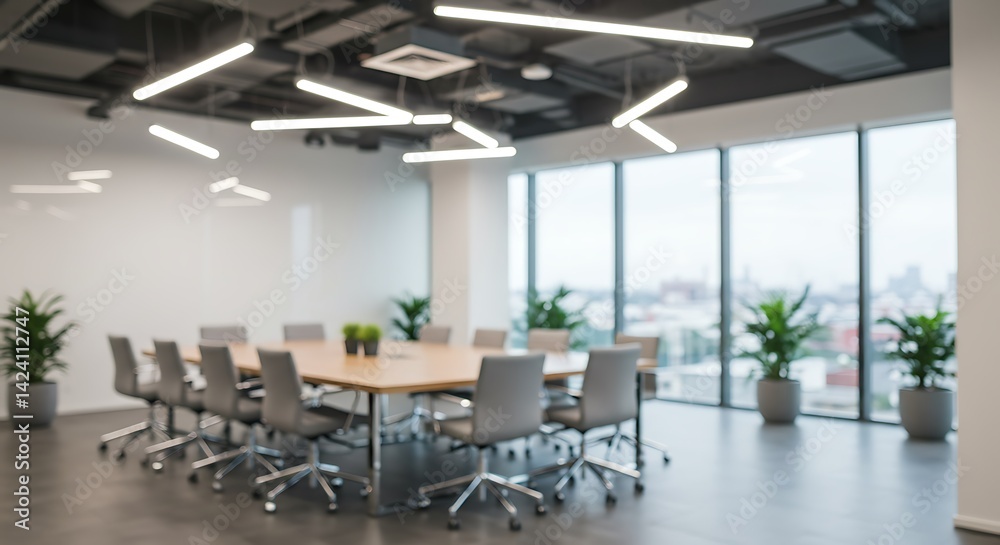 Fototapeta premium A bright conference room with a large table chairs plants and modern lighting fixtures overhead
