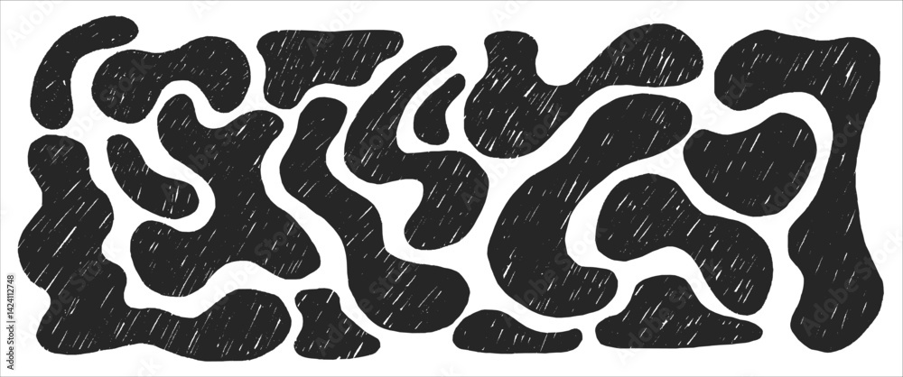 Dynamic abstract shapes black and white vector illustration, doodle. Hand drawn geometric flowing shapes in charcoal. Black shapes drawn in crayon Dynamic abstract shapes black and white vector illustration, doodle. Hand drawn geometric flowing shapes in charcoal. Black shapes drawn in crayon