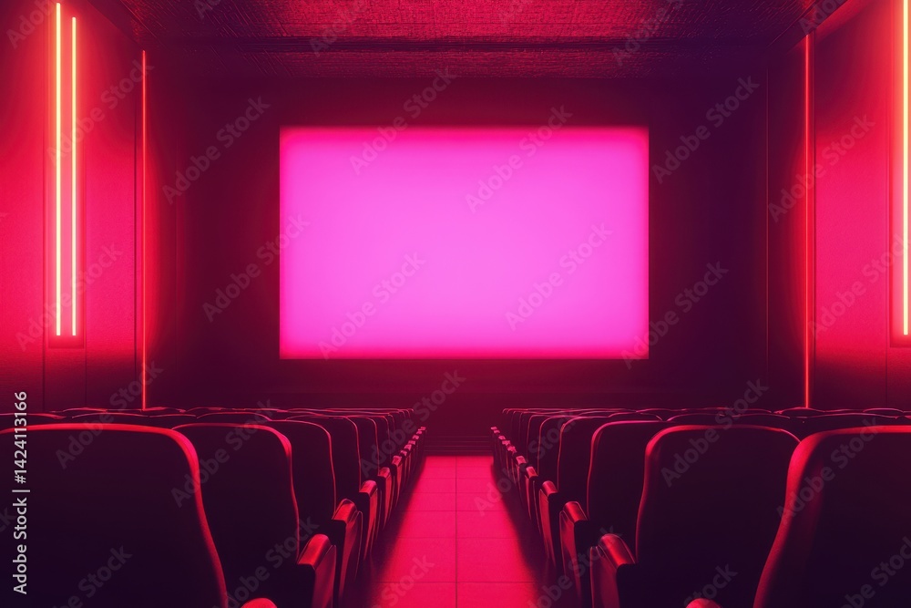 Fototapeta premium Empty movie theater, vibrant neon pink, dark aesthetic