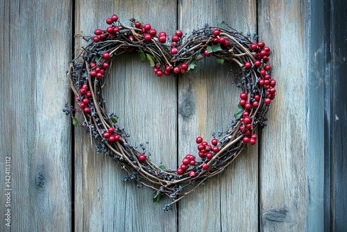 A heart-shaped wreath made of twigs and berries hanging on a rustic wooden door.