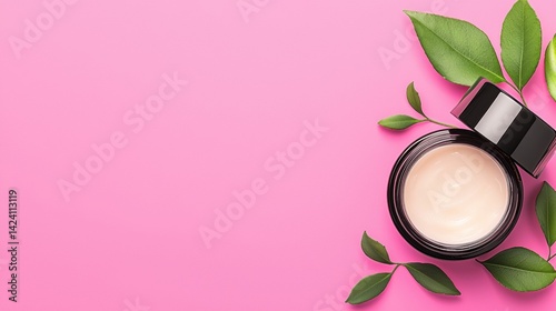 A jar of cream with a black lid and green leaves is shown on a pink background.