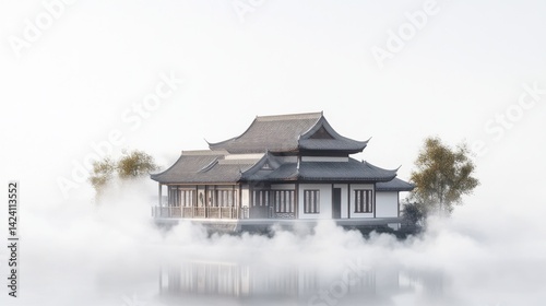 Wallpaper Mural Tranquil Asian-inspired house, floating on a cloud over misty water Torontodigital.ca